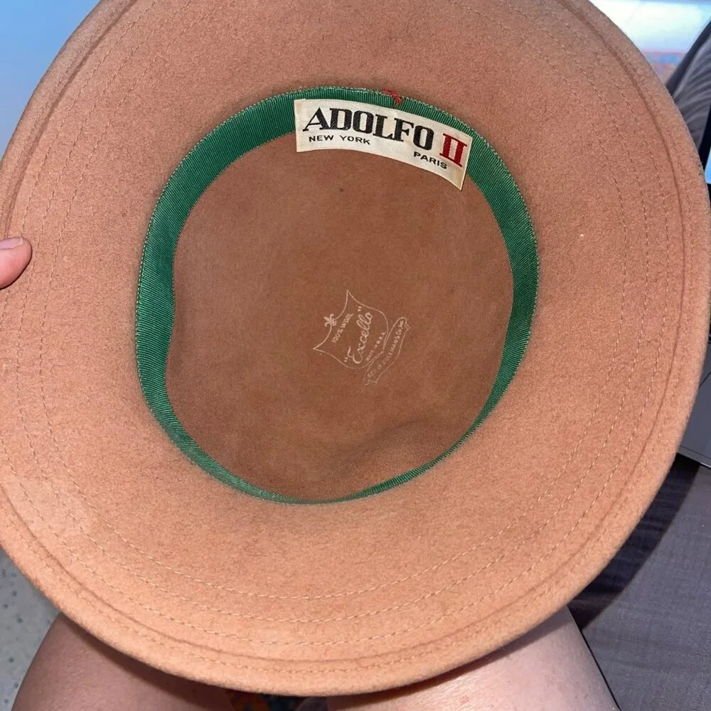 Adolfo II Vintage Womens Hat 21 Inch Tan Cloche Feathers Inside Circumference